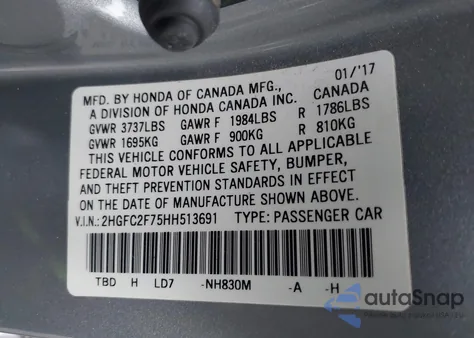 2017 Honda Civic Ex из США, поврежденный, VIN 2HGFC2F75HH513691